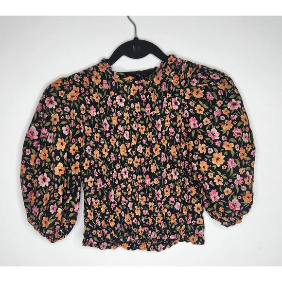 H&M Tops - H&M Blouse Womens Small Black Floral Smocked Puff Sleeve Ruffle Hem Keyhole Back